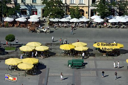 Sonnenschirme der Blumenstnde und Restaurants auf dem Rynek Głwny  (Hauptmarkt), Polen, Polska, Krakau, Krakw, Fotos, Bilder, Rynek, Głwny, Sonnenschirme, berblick 