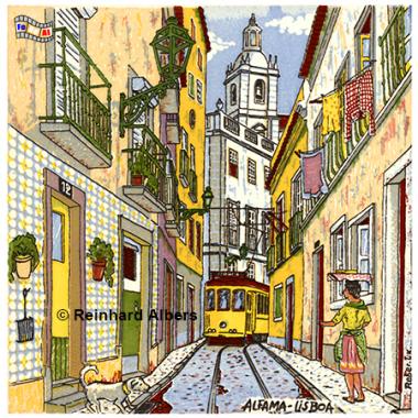 Gemalte Altstadtidylle als Kachelbild, Portugal, Lissabon, Kachelbild, Azulejos, Albers, foreal,