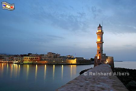 Abendstimmung am venezanischen Hafen in Chania auf der Insel Kreta., Leuchtturm, Lighthouse, Kreta, Chania, foreal, Albers,