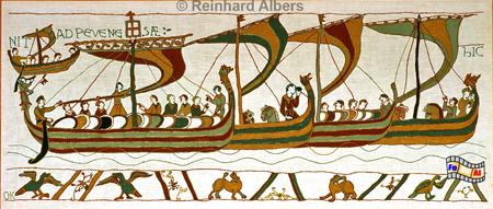 Bayeux Teppich Ausschnitt. Der fast 70 m lange Teppich schildert in 58 handgestickten Szenen die Eroberung Englands durch die Normannen im Jahr 1066., Normandie, Bayeux, Teppich, Foto, foreal