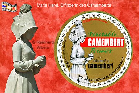 Denkmal fr die Erfinderin des Camemberts, Marie Harel, in Vimoutiers, sowie auf einer Kseschachtel., Normandie, Camembert, Kse, Marie, Harel, Vimoutiers, Albers, foreal, Foto