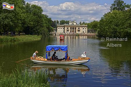 Palast auf der Insel im Lazienki-Park mit See und Boot., Polen, Polska, Warschau, Warszawa, Lazienki, Park, See, Boot, Albers, Foto, foreal,