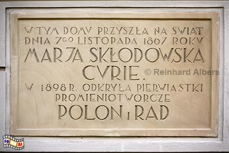 Gedenktafel am Geburtshaus von Marie Curie, Polen, Polska, Warschau, Warszawa, Marie, Curie, Sklodowska, Foto, foreal, Albers,
