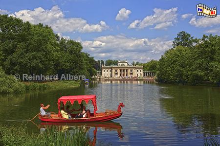 Lazienki-Park mit dem Palast auf der Insel im Hintergrund., Polen, Polska, Warschau, Warszawa, Lazienki, Park, See, Boot, Albers, Foto, foreal,
