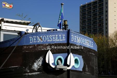 Schiffsbug auf dem Canal de l'Ourcq., Paris, Canal, Ourcq, Albers, Foto, foreal,