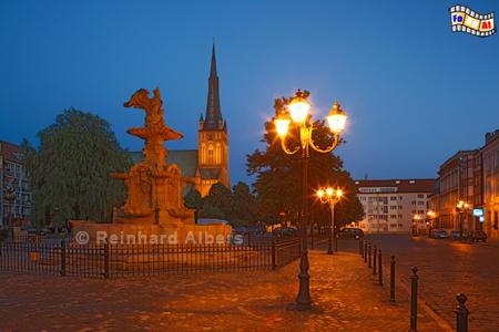 Szczecin (Stettin): Brunnen zum Adler mit Jakobikirche im Hintergrund., Polen, Adlerbrunnen, Jakobikirche, Albers, Foto, foreal,
