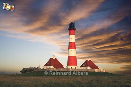 Abendstimmung am Leuchtturm Westerheversand auf der Halbinsel Eiderstedt, Leuchtturm, Westerhever, Westerheversand, Eiderstedt, Foto, foreal, Albers,
