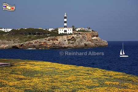 Portocolom -Leuchtturm auf den Felsklippen, Mallorca, Portocolom, Ginster, Leuchtturm, Albers, Foto, foreal,